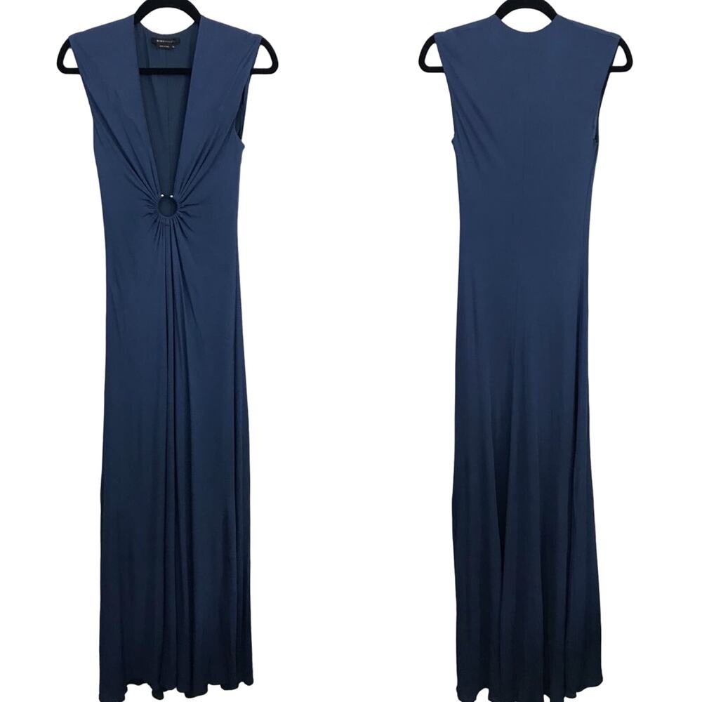 BCBGMaxazria XSmall Plunging Neck Ring Keyhole Maxi Dress Blue Sexy Full Length